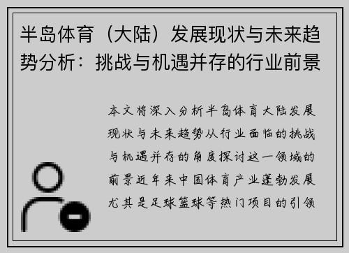半岛体育（大陆）发展现状与未来趋势分析：挑战与机遇并存的行业前景