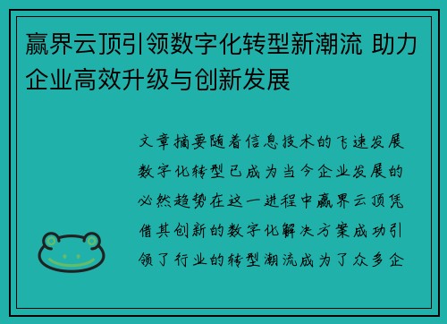 赢界云顶引领数字化转型新潮流 助力企业高效升级与创新发展
